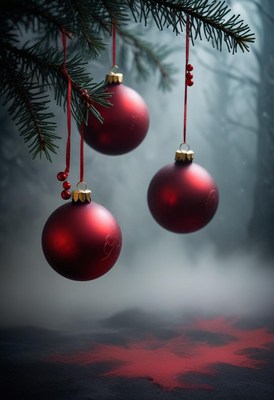 Three red christmas ornaments hang from a pine branch
