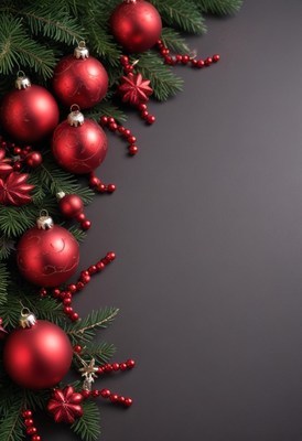 Red christmas ornaments on a pine branch