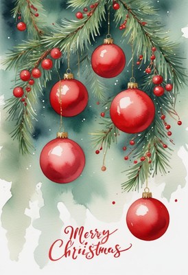 Red ornaments hang from a pine branch