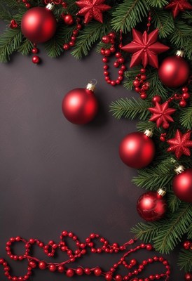 Red ornaments and garland on a dark surface