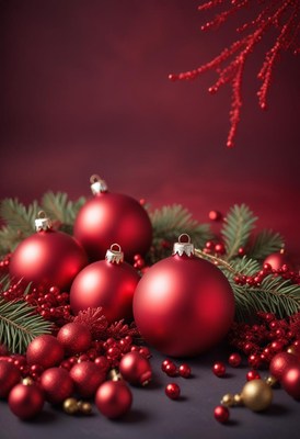 Red christmas ornaments with pine sprigs and berries
