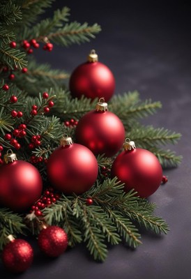 Red ornaments adorn a pine branch