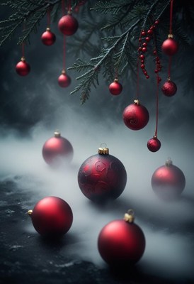 Red ornaments hang from a tree branch in the fog