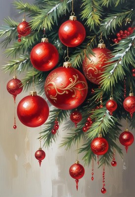 Red ornaments hang on a pine branch