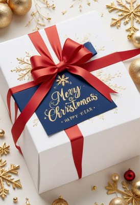 A wrapped gift box sits on a white surface