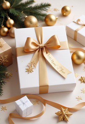 A white gift box with a gold ribbon and snowflake ornament