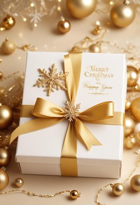 White gift box with gold bow and snowflakes