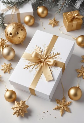 White box with gold bow, snowflakes, and ornaments