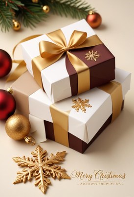 Two gifts with gold ribbons sit under a pine branch