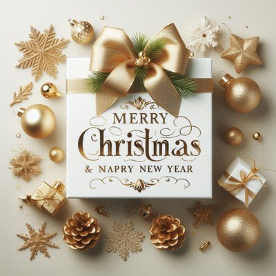 Gift box with gold bow, merry christmas, and decor