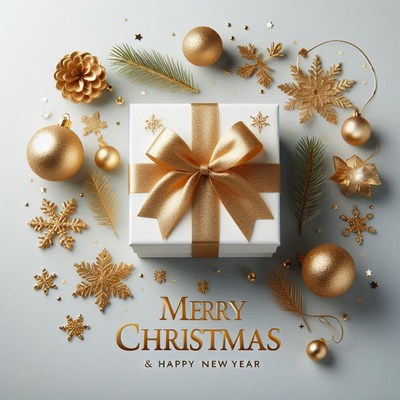 White gift box with golden bow for christmas