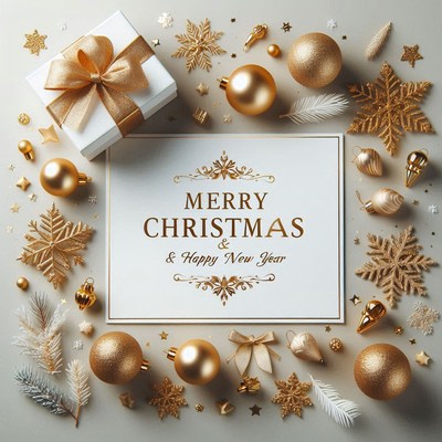 Christmas card with gold ornaments and snowflakes