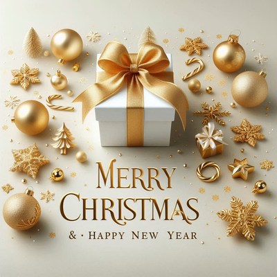 White gift box with a gold bow among ornaments