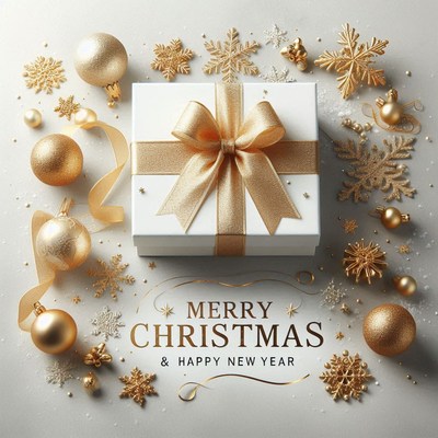 Gift box with gold ribbon amid ornaments and snowflakes