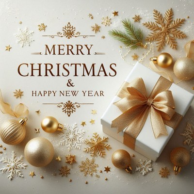 Gift box with a golden bow, ornaments, and snowflakes