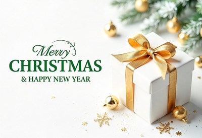 A white gift box with a golden bow sits on a white surface