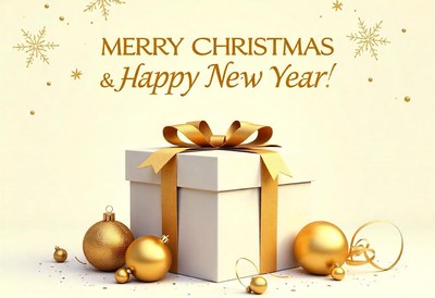 White gift box with gold ribbon on a white surface