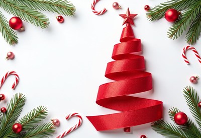 A red ribbon christmas tree with ornaments and candy canes