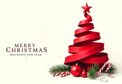 A red ribbon is curled into a christmas tree shape