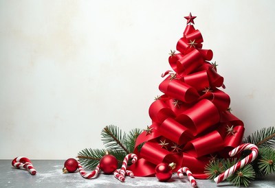 A red ribbon christmas tree with candy canes and ornaments