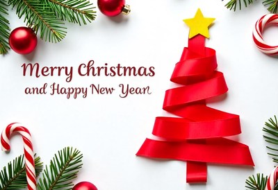 A red ribbon is shaped like a christmas tree