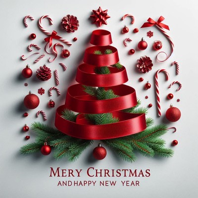 A red ribbon is wrapped into the shape of a christmas tree