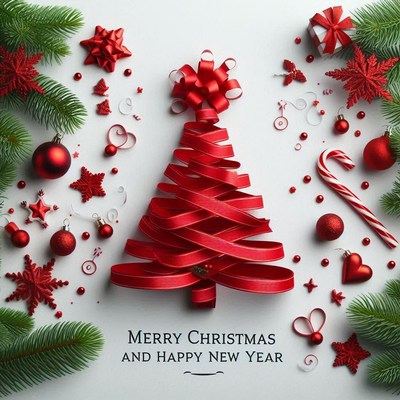 A red ribbon christmas tree with ornaments and pine branches