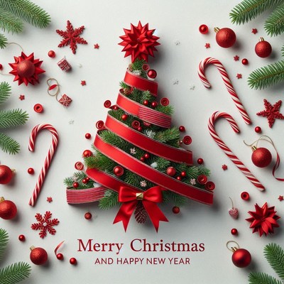 A christmas tree made of pine branches and red ribbon