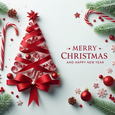 A red ribbon christmas tree with ornaments and candy canes