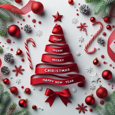 Red ribbon tree with ornaments on white background