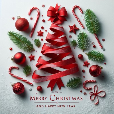 A red ribbon christmas tree with ornaments and candy canes