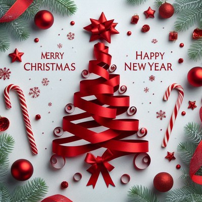 A red ribbon christmas tree with ornaments and candy canes