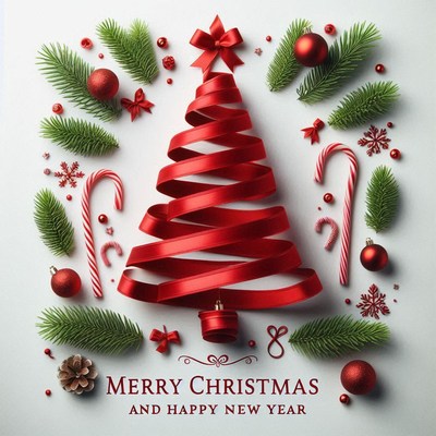 Red ribbon makes a tree with ornaments and greenery