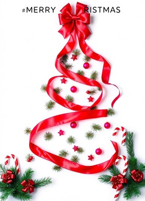Red ribbon as christmas tree on white background
