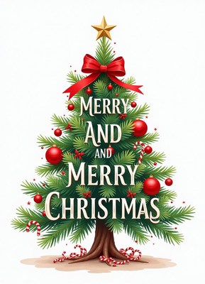 Merry christmas on a decorated tree