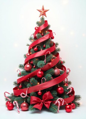 A decorated christmas tree with red ribbon and ornaments