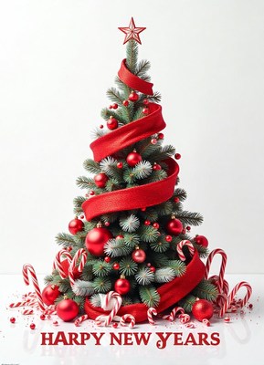 A decorated christmas tree with red ribbon and candy canes