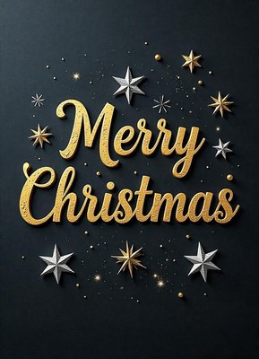 Gold 'merry christmas' with silver stars on black