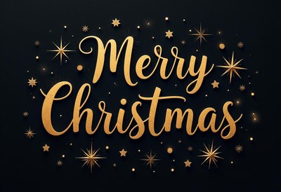 Merry christmas greeting with gold lettering and stars