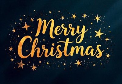 Merry christmas greeting with gold lettering and stars