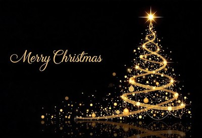 Golden christmas tree with lights on dark backdrop