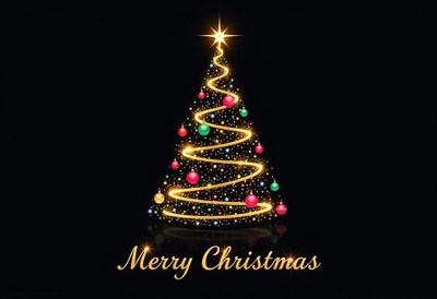 Sparkling christmas tree with ornaments on black