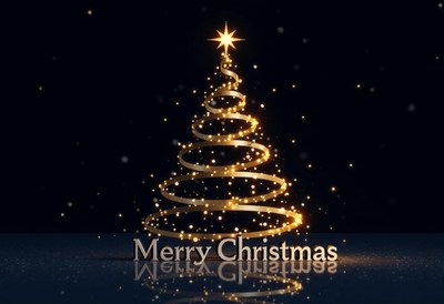 Golden christmas tree with lights on dark backdrop