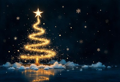 Bright christmas tree glows in the night sky