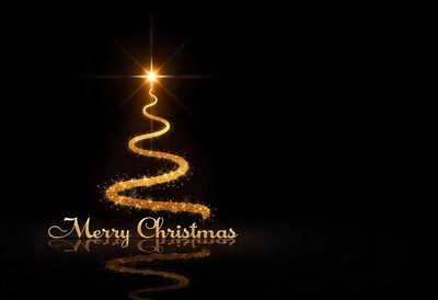 A golden christmas tree sparkles against a black background