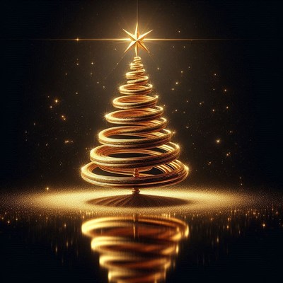 Golden christmas tree with a star on a glittery base