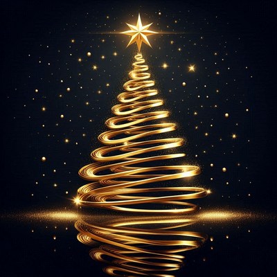 Bright golden tree glows on dark background