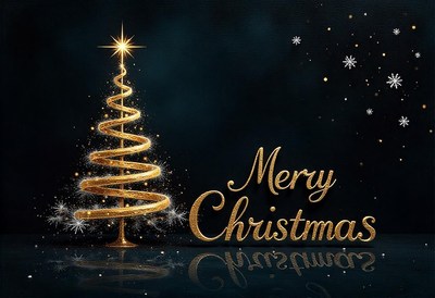 Golden spiral tree with star on dark blue backdrop