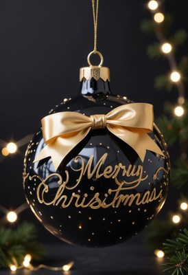 Black ornament with gold bow and merry christmas