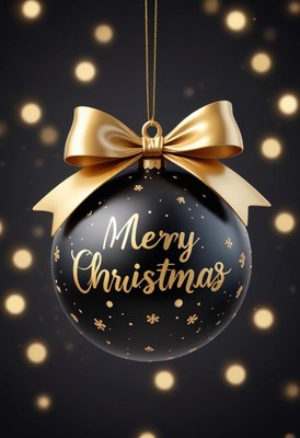 Black ornament with gold bow on dark background